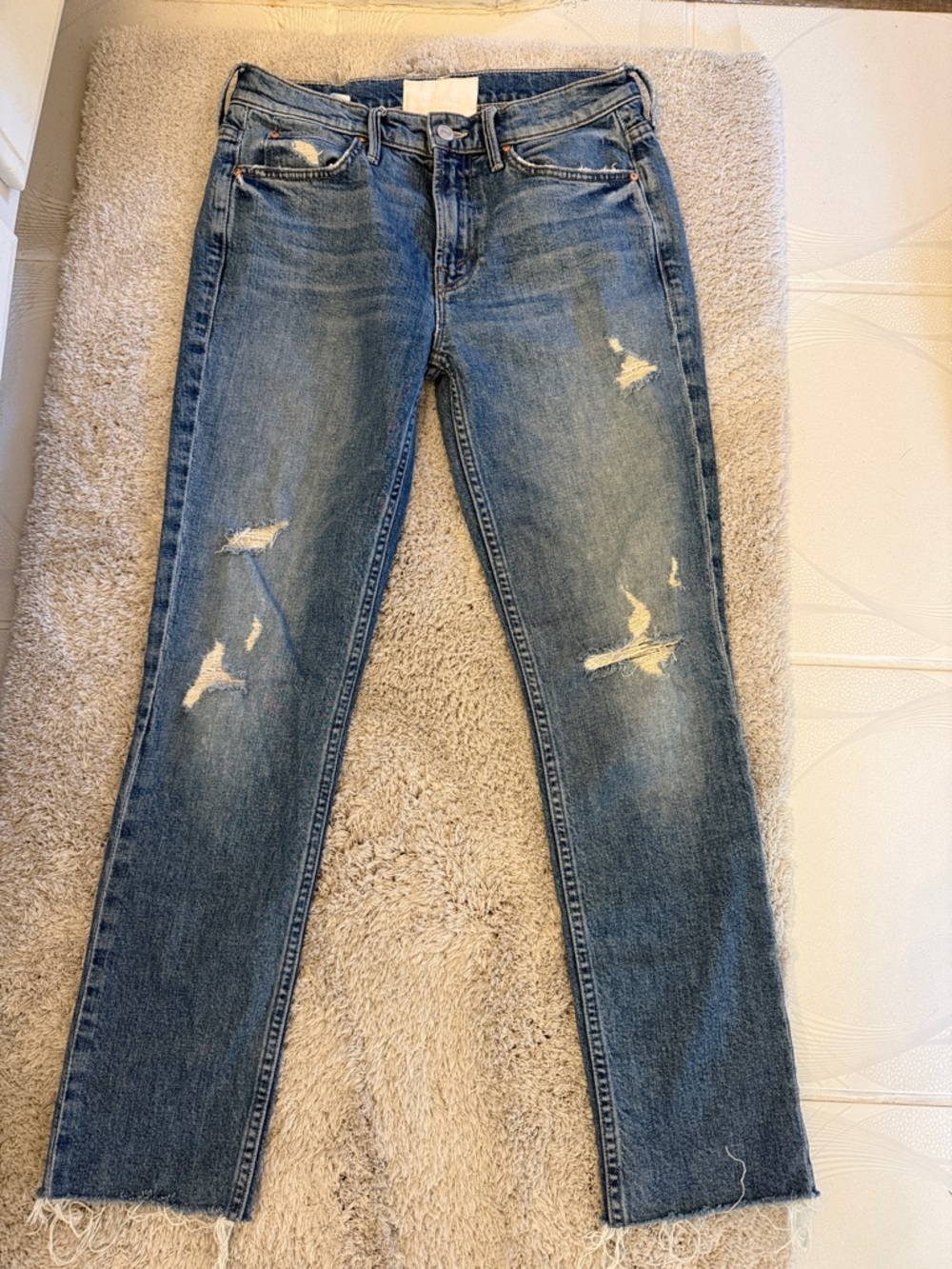 MOTHER Distressed Straight-Leg Jeans in Medium Blue